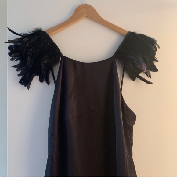 NWT Black Silk Gown with Shoulder Feathers and back slit - Picture 3 of 6